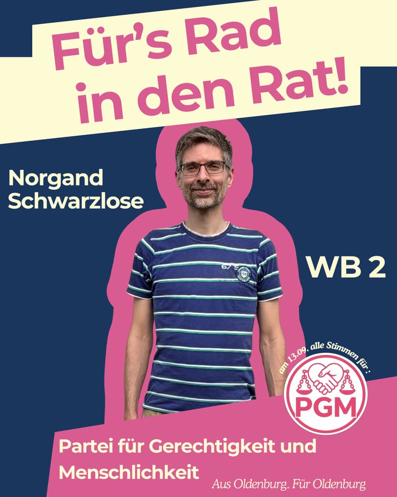 Wahlplakat von Norgand Schwarzlose: „Für’s Rad in den Rat!“